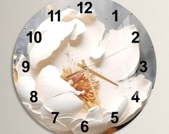 May include: A white flower clock with gold hands and black numbers. The clock face is a close-up of a white flower with a yellow center.
