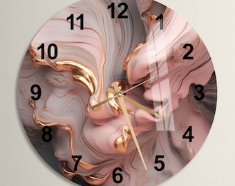 Glass Abstract Wall Clock Wall Art, Pink Smoke Tempered Glass Wall Clock for Living Room, Modern Housewarming Gift, Unique Gold Home Decor