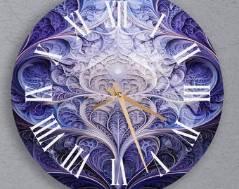 Mystic Purple Wall Clock – Trendy Fractal Art with Roman Numerals, Silent Glass Clock, Unique Abstract Home & Office Decor, Modern Design