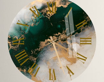 Tempered Glass Marbled Style Wall Clock Wall Art, Abstract Green Unique Office Decor, Gold Home Decor, Contemporary New Home or Office Gift