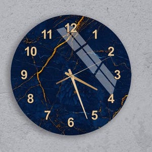 Orologio da parete in marmo blu navy, arte moderna con venature dorate, decorazioni in vetro temperato, orologio di lusso con numeri romani, regalo per soggiorno e ufficio