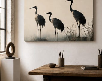 Dark Gray Three Cranes Large Canvas Wall Art, Naturalistic Wildlife Decor, Bird Watchers Lover Gift, Thanksgiving Gift, Christmas Gift