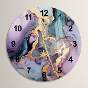 Tempered Glass Abstract Purple Wall Clock Wall Art, Marble Unique Gold Decor for Kitchen, Living Room, Contemporary New Home or Office Gift