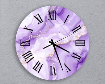 Reloj de pared de cristal templado con mármol lavanda, arte glamuroso en morado y dorado: decoración abstracta fluida para dormitorio, regalo de inauguración de casa, reloj silencioso.