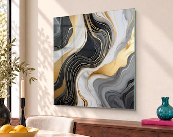 Fluid Abstract Painting in Marbling Style Luxury Tempered Glass Wall Art - Perfect Modern Lover Gift for Elegant Home Décor, Home Gift Idea