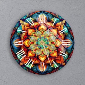 May include: A colourful mandala clock with Roman numeral markings. The clock face features a vibrant, multi-coloured mandala design with intricate details.