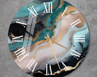 Horloge murale bleue abstraite en verre, art mural, horloge murale en verre trempé de style marbre gris, cadeau moderne pour la maison ou le bureau, décoration d'intérieur unique en or