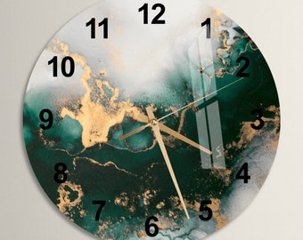 Tempered Glass Abstract Wall Clock Wall Art, Marbled Style Green Unique Home Decor, Gold Home Decor, Contemporary New Home or Office Gift