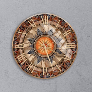 May include: A round wall clock with a wooden frame and a detailed face. The clock face features a central orange compass design surrounded by a starburst pattern and Roman numerals. The color palette includes shades of brown, orange, and blue.