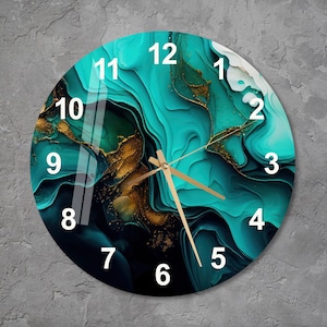 Glass Abstract Wall Clock Wall Art, Marbled Style, Unique Housewarming Gift, Tempered Glass, Emerald with Gold Wall Decor, Modern Home Gift
