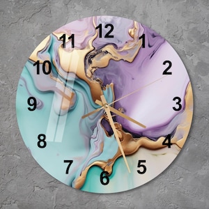 Purple Teal Marble Tempered Glass Wall Clock Gift Modern Abstract Art Design with Gold Accents, Stylish Home Decor for Living Room or Office