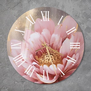 Glass Pink Flower Wall Clock Wall Art, Floral Tempered Glass Wall Clock for Kitchen, Natural Housewarming Gift, Unique Home & Office Decor