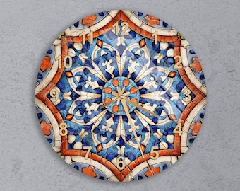 Moroccan Tile Tempered Glass Wall Clock, Blue and Terracotta, Mosaic Pattern Decor, Gift for Her