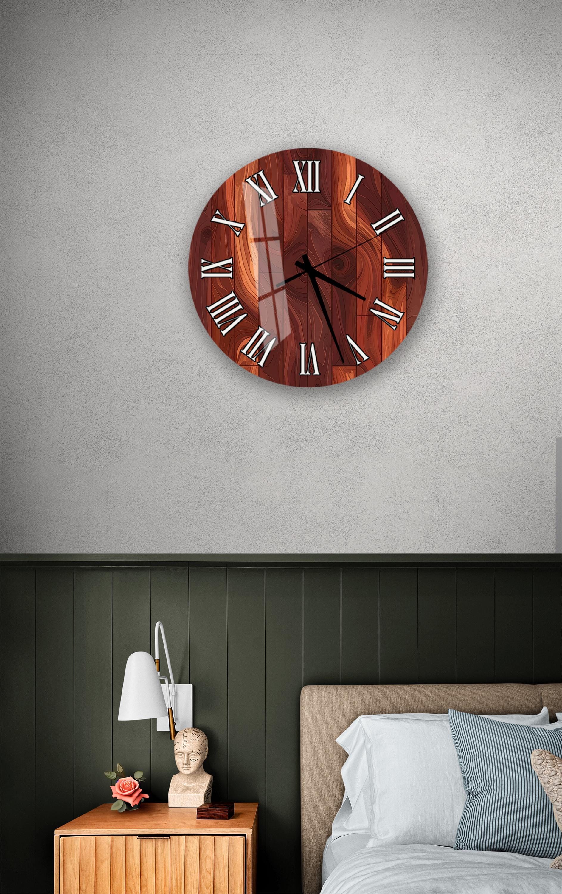 Rustic Timepiece Rustic Tempered Glass Wall Clock - Dark Wood Grain Design, Large Silent ...