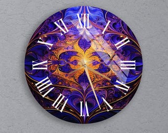 Purple and Gold Fractal Tempered Glass Wall Clock, Roman Numeral Mandala Clock, Trippy Abstract Decor, Unique Gift For Friend, Boho Wall Art
