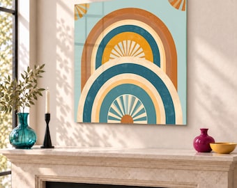 Semi-Circular Shapes Tempered Glass Wall Art in Modern Abstract Style with Geometric Abstraction, Teal Blue and Burnt Orange