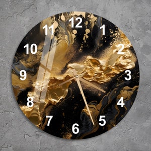 Tempered Glass Marbled Style Wall Clock Wall Art, Abstract Black and Gold Unique Decor for Living Room, Contemporary New Home or Office Gift