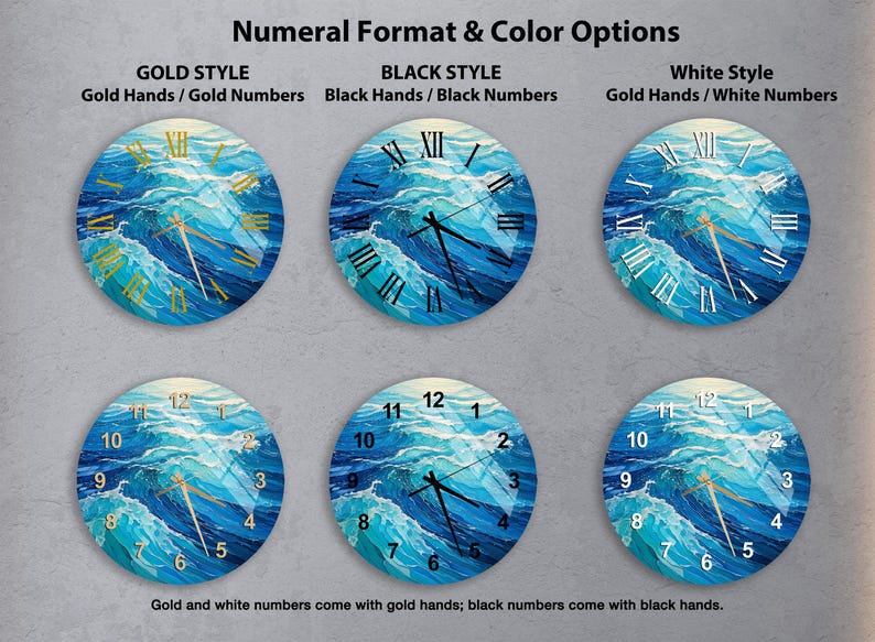 a set of four clocks with different designs on them