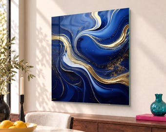 Abstract Fluid Paint Swirl Tempered Glass Wall Art in Dark Blue, Modern Style Luxury Decor for Contemporary Spaces, Home Gift Idea