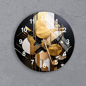 Black Gold Tembered Glass Wall Clock, Modern Art Deco with Abstract Shapes, Luxury Home Decor, Bold Contemporary Gift, Stylish Wall Accent