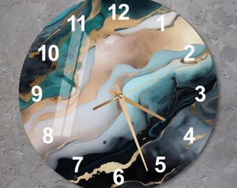 Reloj de pared abstracto de cristal, arte de pared, reloj de pared de cristal templado estilo mármol, regalo de inauguración de casa de arte contemporáneo, decoración única para el hogar en color dorado