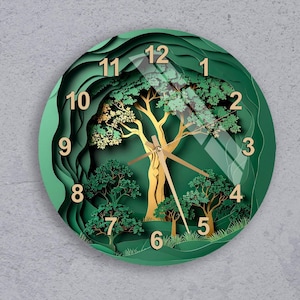 Tree of Life Tempered Glass Wall Clock - 3D Layered Paper Cut Art, Large Green Forest Decor, Unique Nature Lover Gift, Modern Home Accent