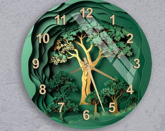 Tree of Life Tempered Glass Wall Clock - 3D Layered Paper Cut Art, Large Green Forest Decor, Unique Nature Lover Gift, Modern Home Accent