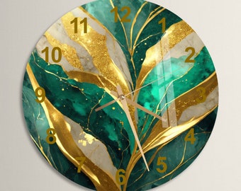 Wandklok in glasmarmerstijl muurkunst, goudkleurige tinten gehard glazen wandklok voor slaapkamer, modern cadeau voor thuis of op kantoor, uniek interieur