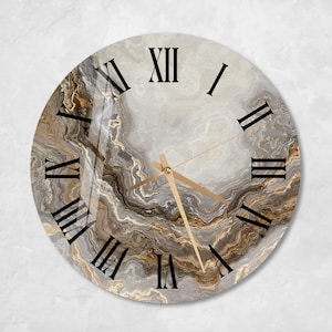 Glass Abstract Wall Clock Wall Art, Marbled Style Tempered Glass Wall Clock, Housewarming Gift , Unique Gold Home Decor