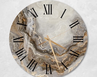 Glass Abstract Wall Clock Wall Art, Marbled Style Tempered Glass Wall Clock, Housewarming Gift , Unique Gold Home Decor