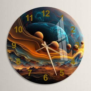 May include: A round clock with a colorful abstract design featuring swirling orange, blue, and brown hues. The clock face has gold numbers and hands against a dark background.