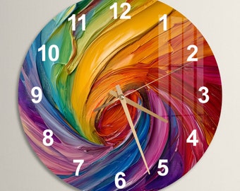Glass Colorful Wall Clock Wall Art, Color Palette Tempered Glass Wall Clock for Living Room, Natural Housewarming Gift, Unique Home Decor