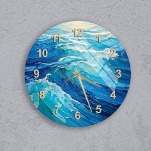 Ocean Wall Clock with Sunlit Wave Design, Artistic Coastal Decor in Tempered Glass, Perfect for Bathroom, Beach House or Sea-Inspired Space