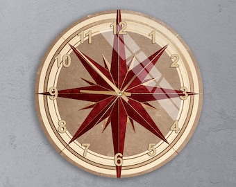 Tempered Glass Wall Clock Featuring Compass Rose in Dark Red with Minimalist Graphic Design and Navigation Theme, Thanksgiving Gift