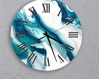 Blue Abstract Dial Tempered Glass Wall Clock: Modern Coastal Marble Fluid Art (Silent Quartz, Durable 4mm Glass, Large Circular Decor)