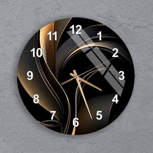 ガラス製抽象壁掛け時計ウォールアート、幾何学模様のダーク強化ガラス壁掛け時計、モダンな新築祝いギフト、ユニークなブラックとゴールドのホームデコレーション