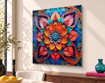 Stylized Flower Mandala Tempered Glass Wall Art in Digital Art Style Inspired by Spirituality — Perfect Spiritual Lover Gift, Home Gift Idea