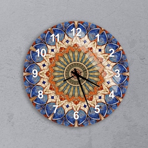Blue Mosaic Mandala Tempered Glass Wall Clock, Blue and Rust, Mediterranean Accent, Housewarming Gift