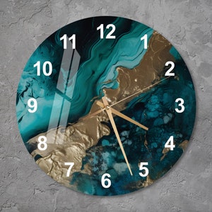 Modern Abstract Glass Wall Clock, Teal and Gold Art Silent Non-Ticking, Elegant Statement Decor for Living Room Minimalist Contemporary Gift