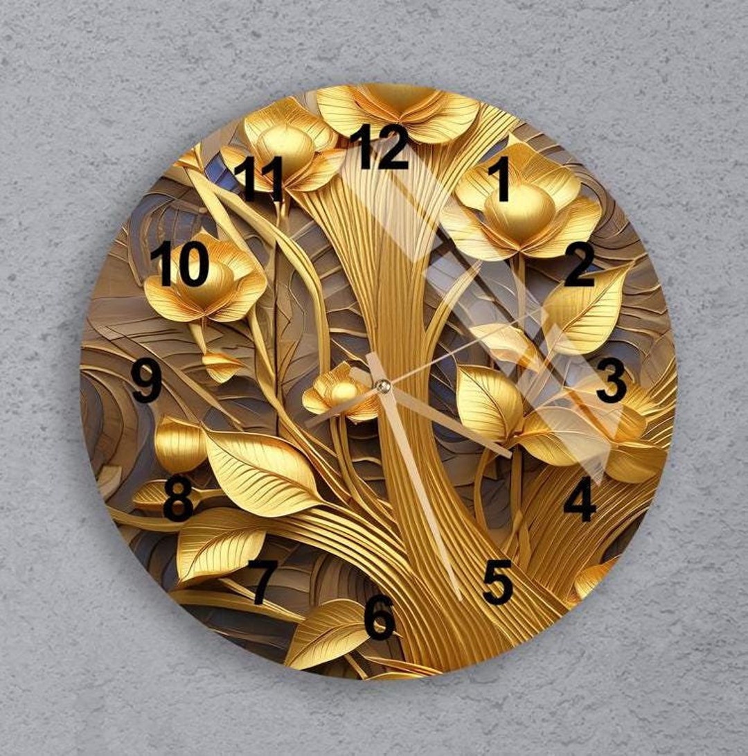 Glass Abstract Gold Wall Clock Wall Art Decor Floral 3D Effect Gold ...