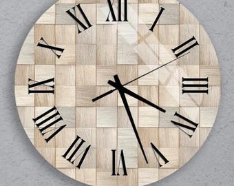 Reloj de vidrio templado con mosaico de bloques de madera, gran reloj silencioso (vidrio templado de 4 mm, resistente a arañazos, estilo escandinavo)