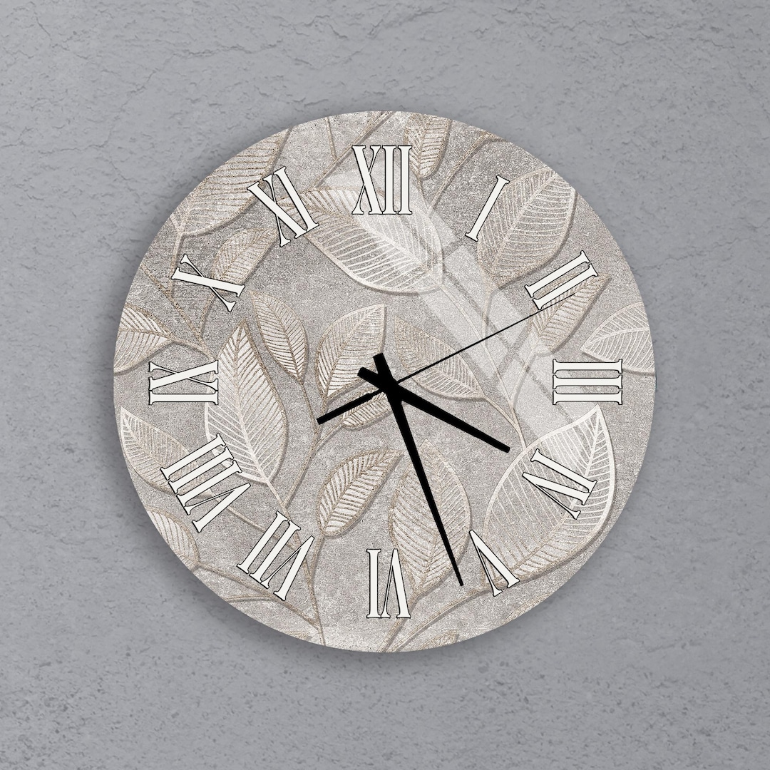 Grey Leaf Wall Clock - Botanical Pattern Round Timepiece - Modern ...