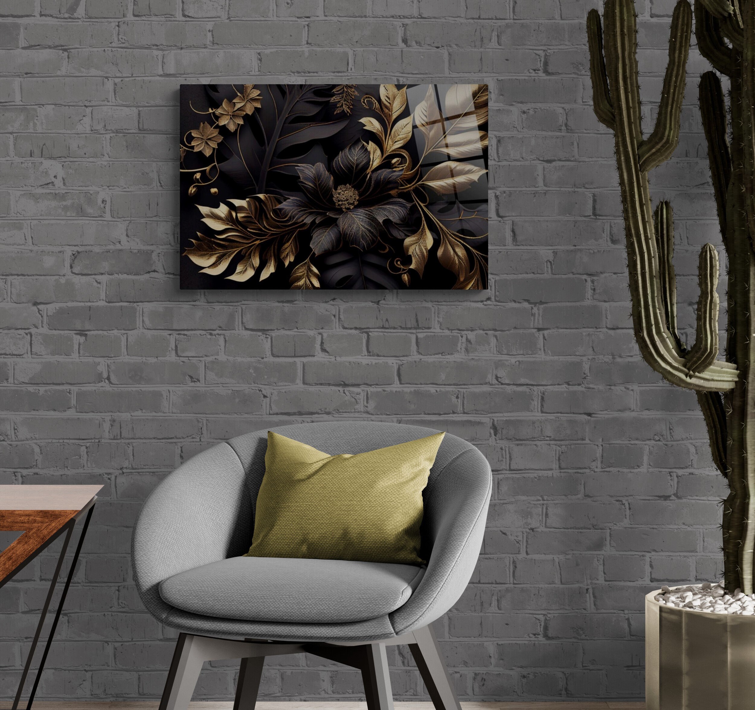 Floral Wall Art, Black and Gold Flower Glass , Large Modern for Living ...