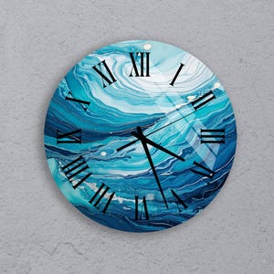Swirl Ocean Wall Clock with Artistic Blue Marble Design, Elegant Tempered Glass Clock for Bathroom, Office, Coastal-Inspired Home Decor Gift