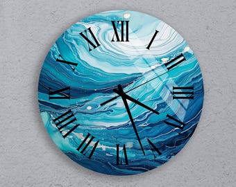 Swirl Ocean Wall Clock with Artistic Blue Marble Design, Elegant Tempered Glass Clock for Bathroom, Office, Coastal-Inspired Home Decor Gift