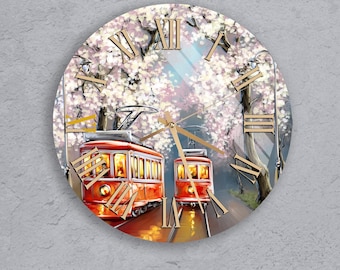 Tempered Glass Wall Clock - Vibrant Urban Scene, Red Streetcar Artwork, Blooming Trees Spring Floral Decor, Unique Home Gift, Christmas Gift
