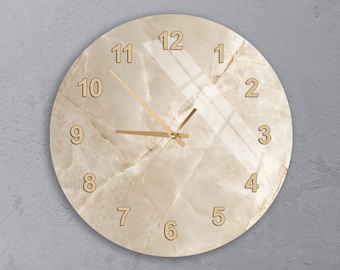 Tempered Glass Wall Clock, Printed Marble & Natural Stone Design, Light Cream Texture Look, Bathroom Wall Decor, Interior Lover Gift