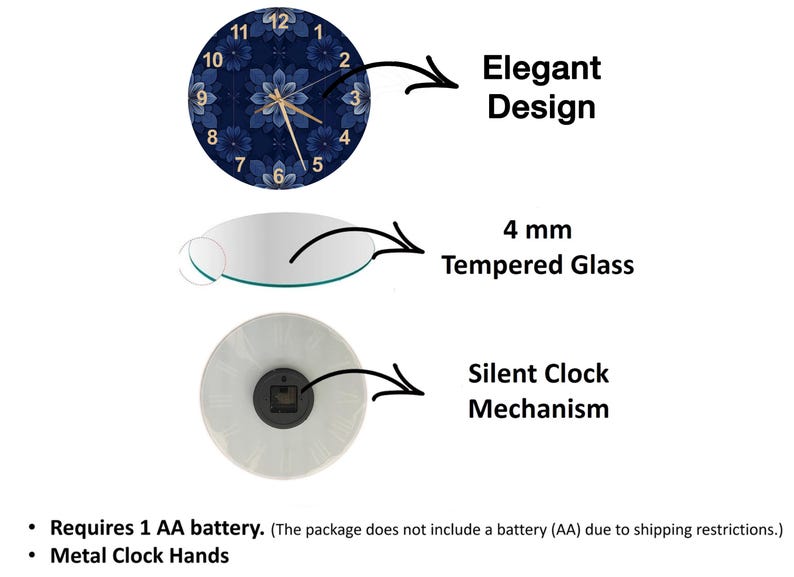Navy Blue Floral Tempered Glass Wall Clock Modern Indigo Flower Art navy-blue-floral-tempered-glass-wall-clock-modern-indigo-flower-art