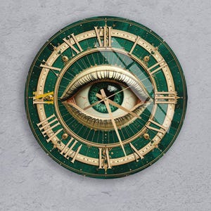 Puede incluir: Un reloj de pared redondo con un diseño verde y dorado. La esfera del reloj presenta un ojo detallado con un iris verde y números romanos dorados. Las manecillas del reloj son doradas y el diseño general tiene una estética vintage.
