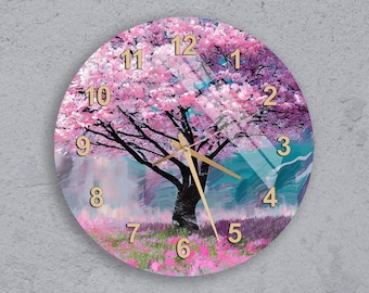 Vibrant Pink Floral Wall Clock - Tempered Glass Blossom Tree Art, Modern Nature Decor, Artistic Home Accent, Unique Gift for Her